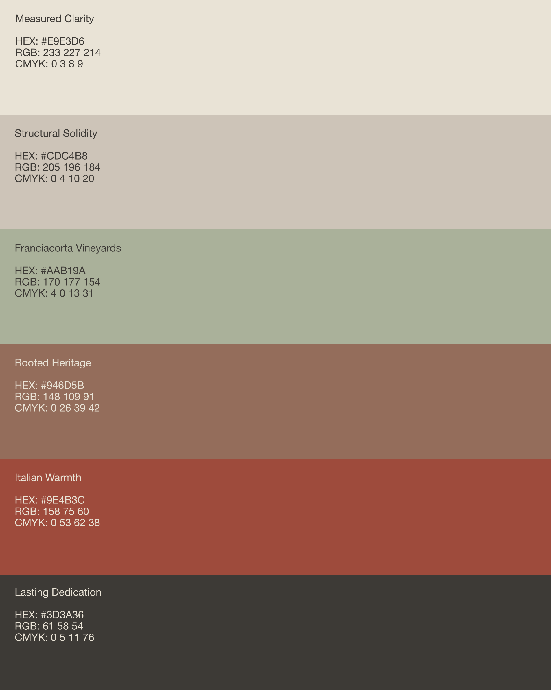 Mondini Studio colour palette: Measured Clarity, Structural Solidity, Franciacorta Vineyards, Rooted Heritage, Italian Warmth and Lasting Dedication