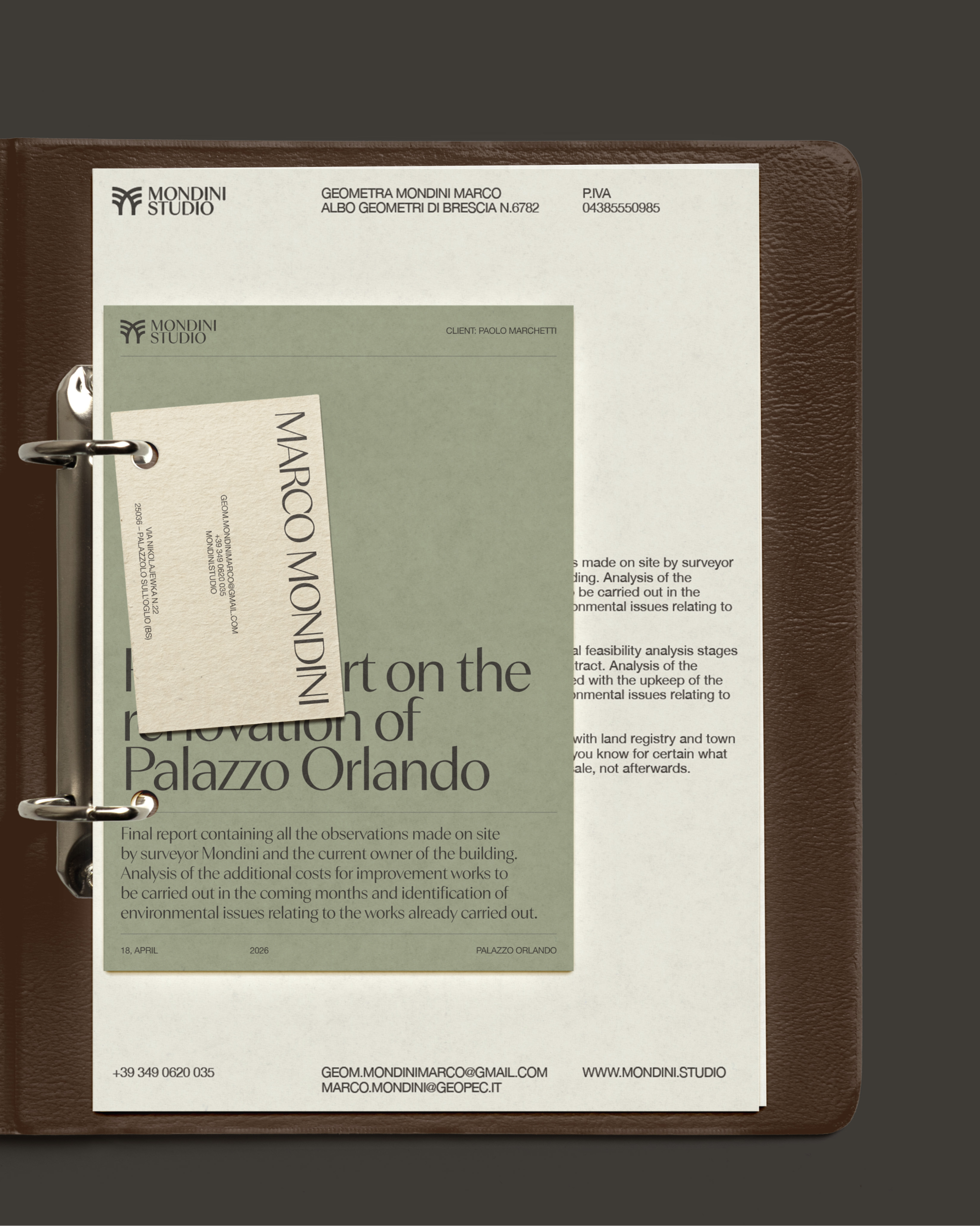 Mondini Studio property report and letterhead in a ring binder