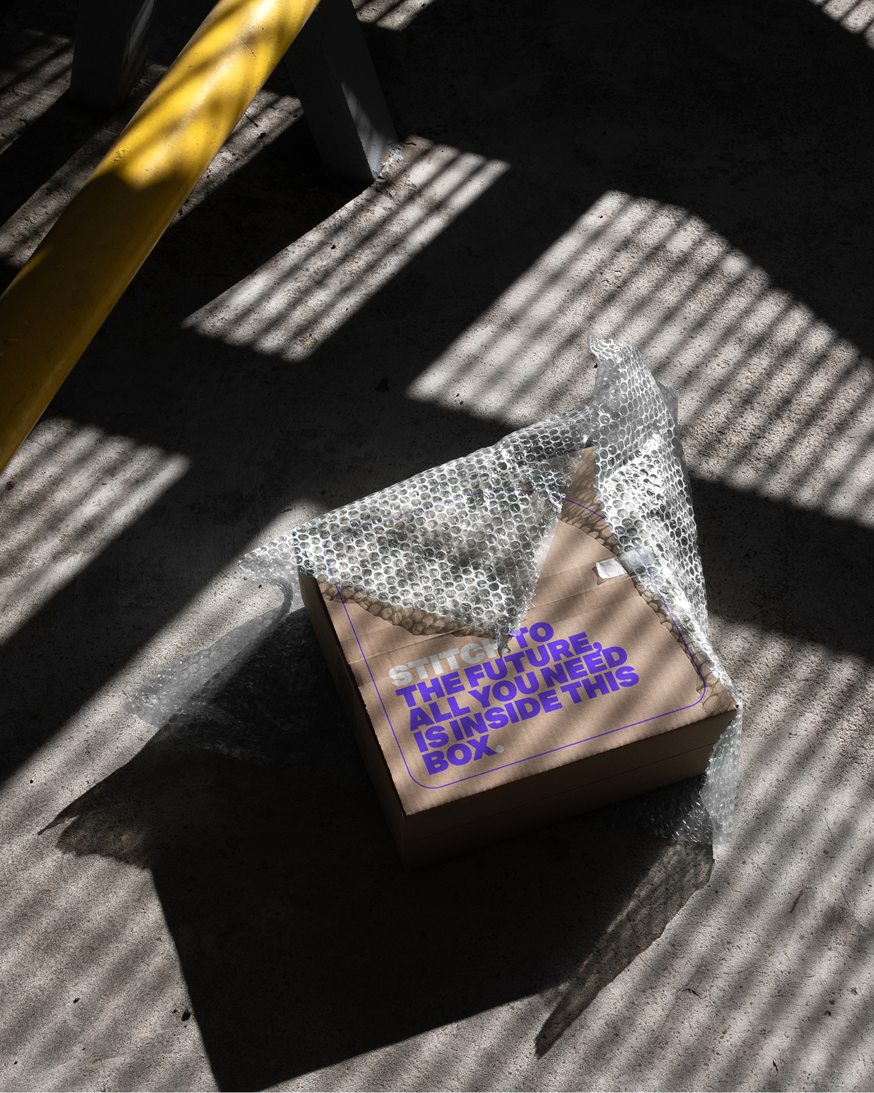 SIMCA cardboard box in bubble wrap printed Stitch to the future