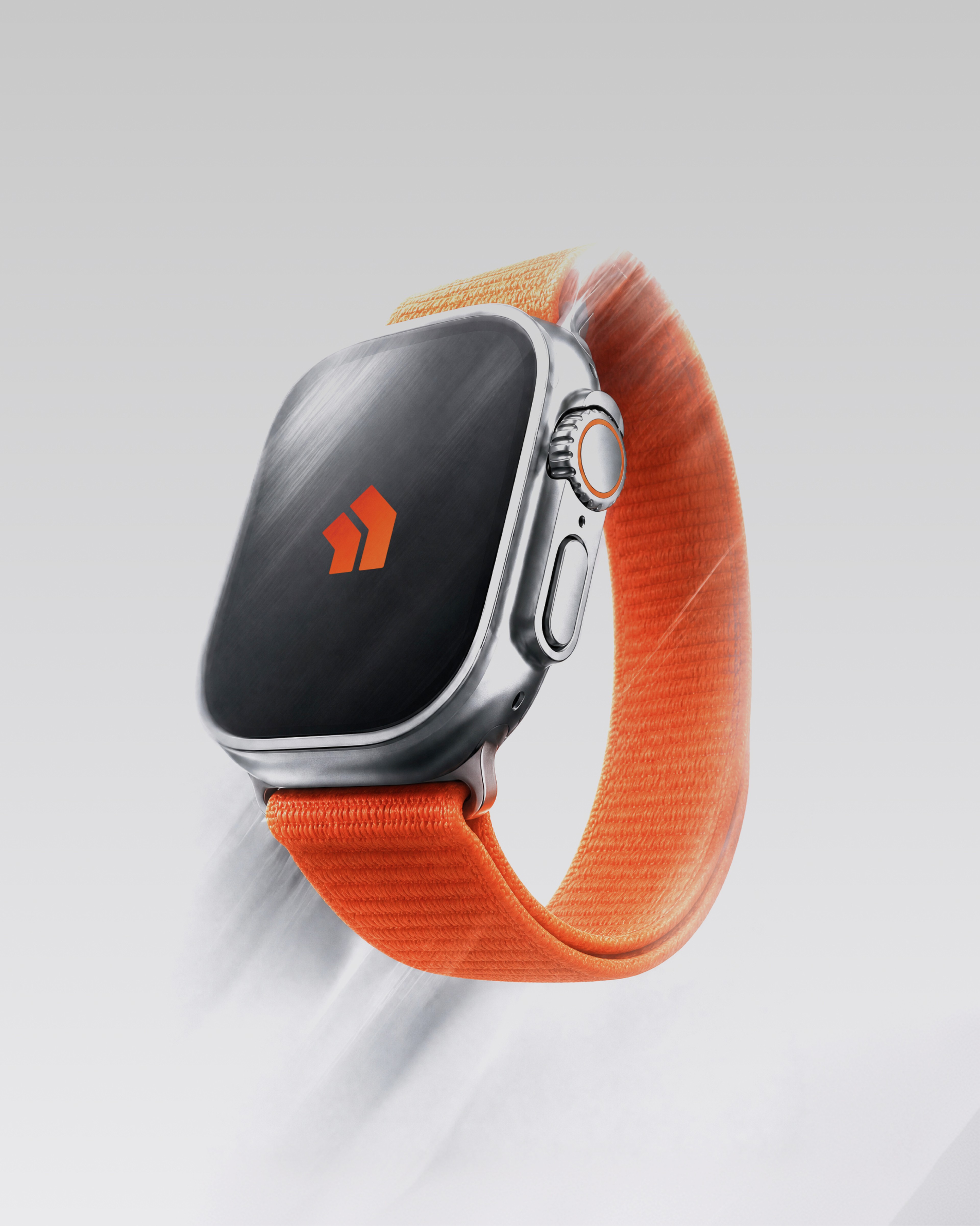 Smartwatch mockup with an orange sport loop strap and the BOLD mark on the screen, in motion against a pale background.