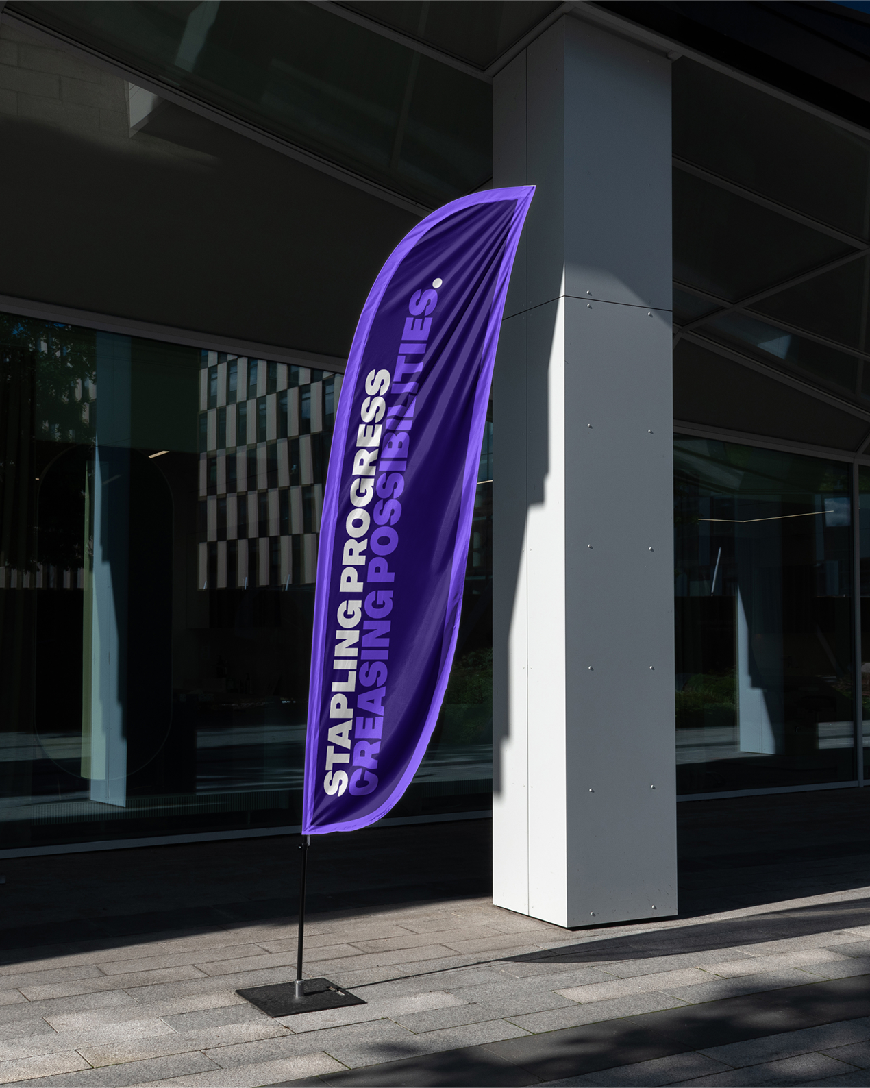 Purple SIMCA feather flag reading Stapling progress, creasing possibilities