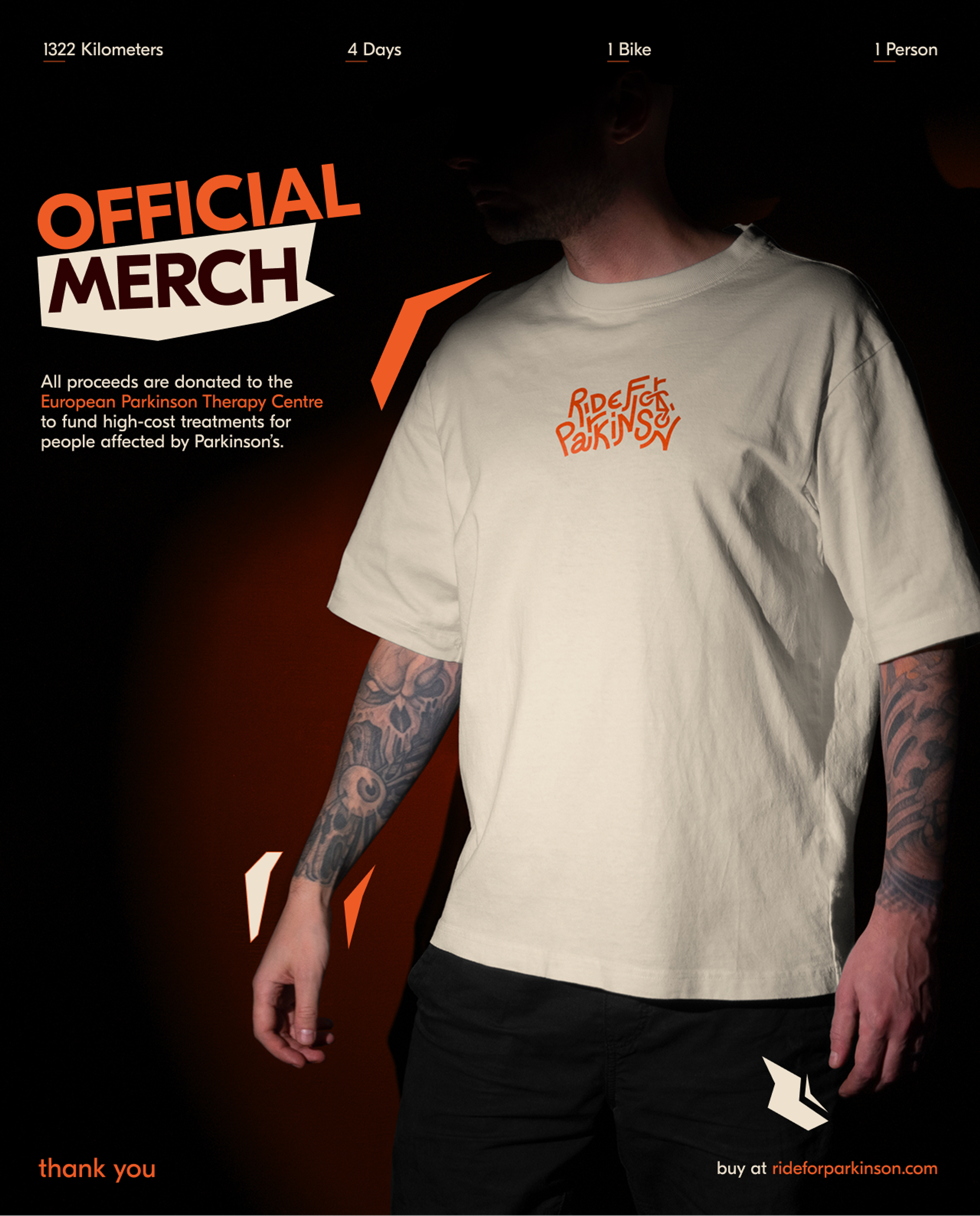 Official merch poster: man wearing a cream Ride for Parkinson's t-shirt