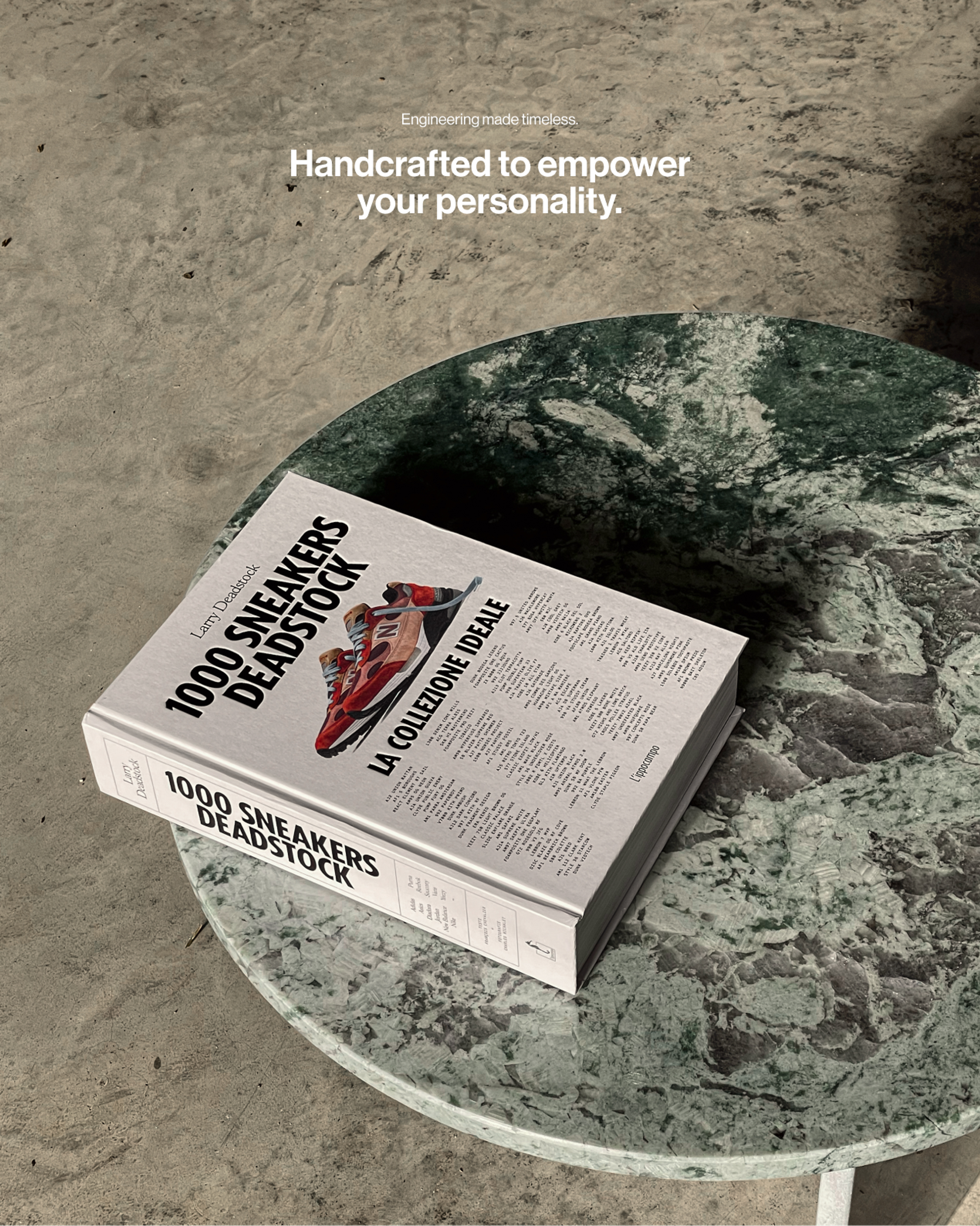 Forme Studio green marble table with sneaker book, headline Handcrafted to empower your personality
