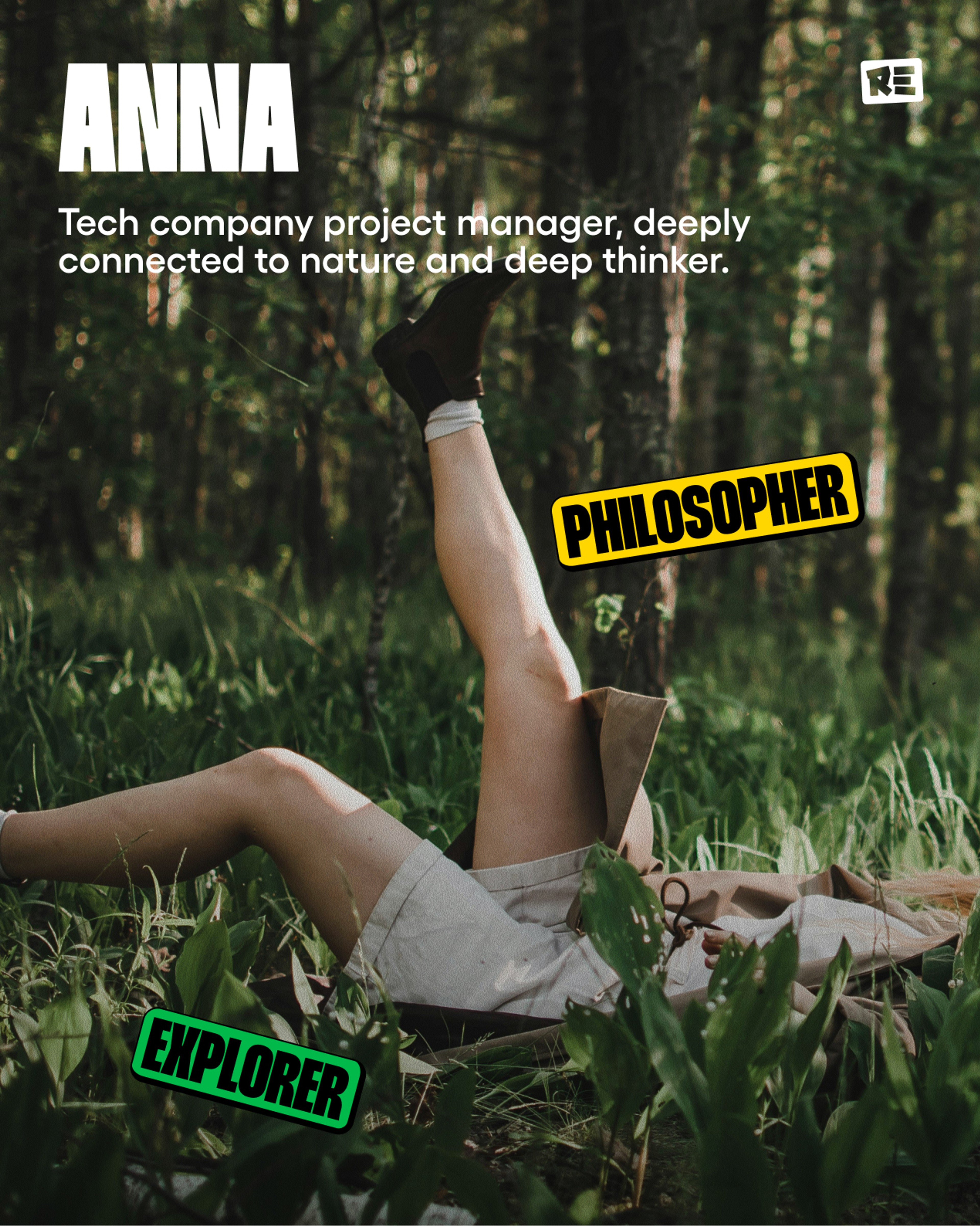 Renasce profile graphic: Anna lying in forest grass with Philosopher and Explorer stickers