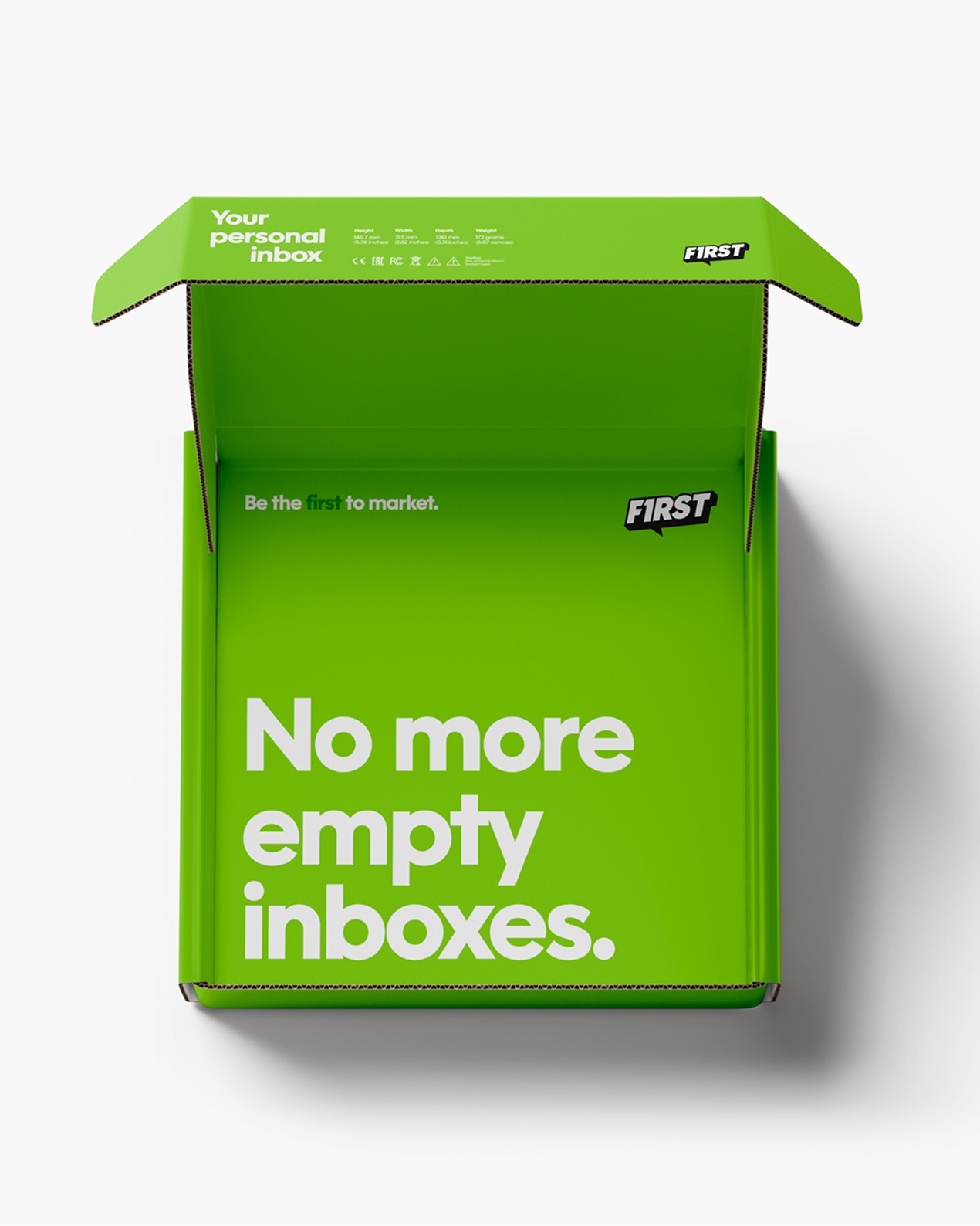 Open green First box printed inside with No more empty inboxes