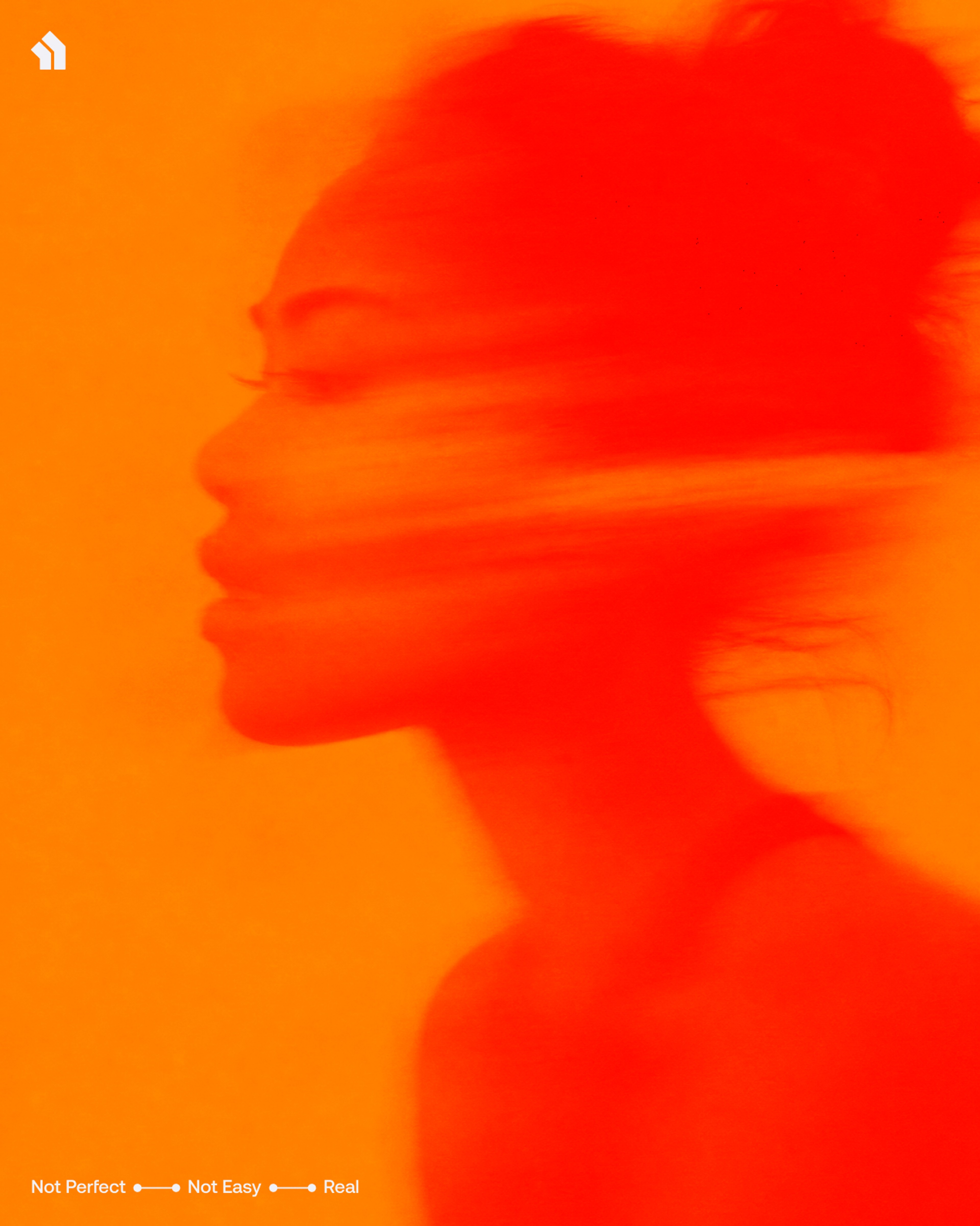 Orange campaign poster: a woman's profile blurred sideways into the background, the BOLD mark top left and the line Not Perfect, Not Easy, Real at the foot.