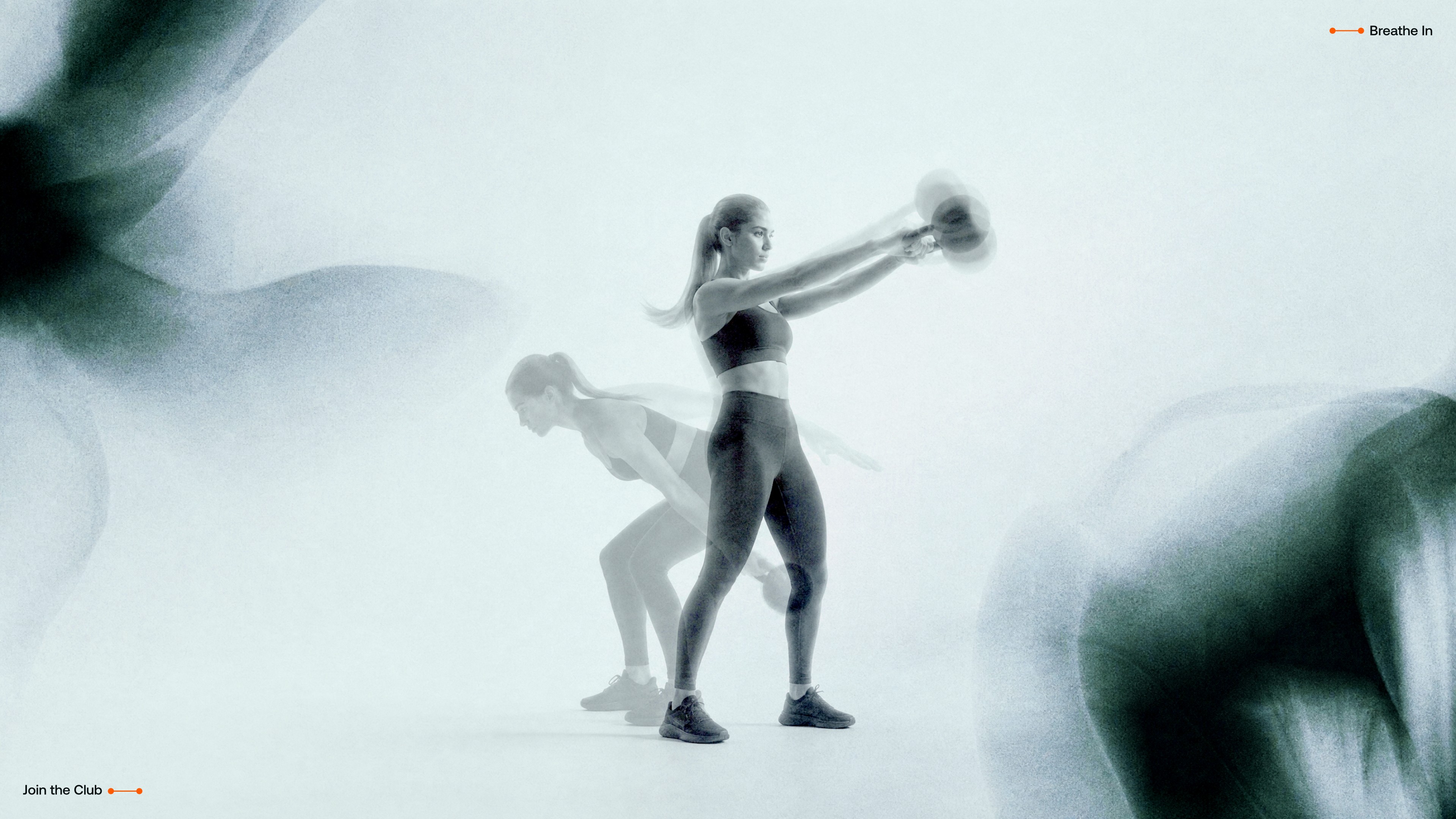 Monochrome campaign visual: a woman swinging a kettlebell in a pale studio, her movement traced by a ghosted second exposure. Corner labels read Breathe In and Join the Club.