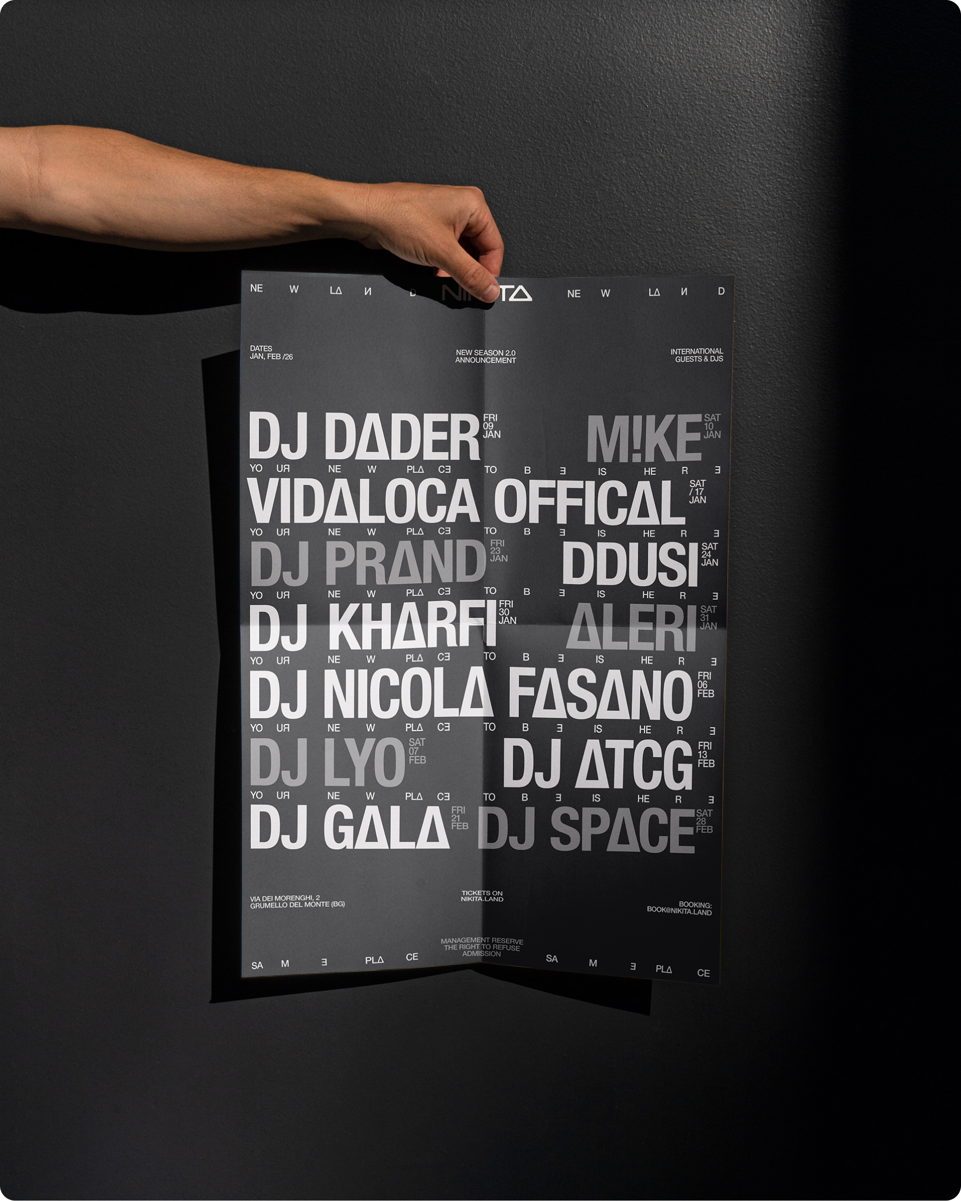 Nikita LineUp Nightlife Poster hold by hand design