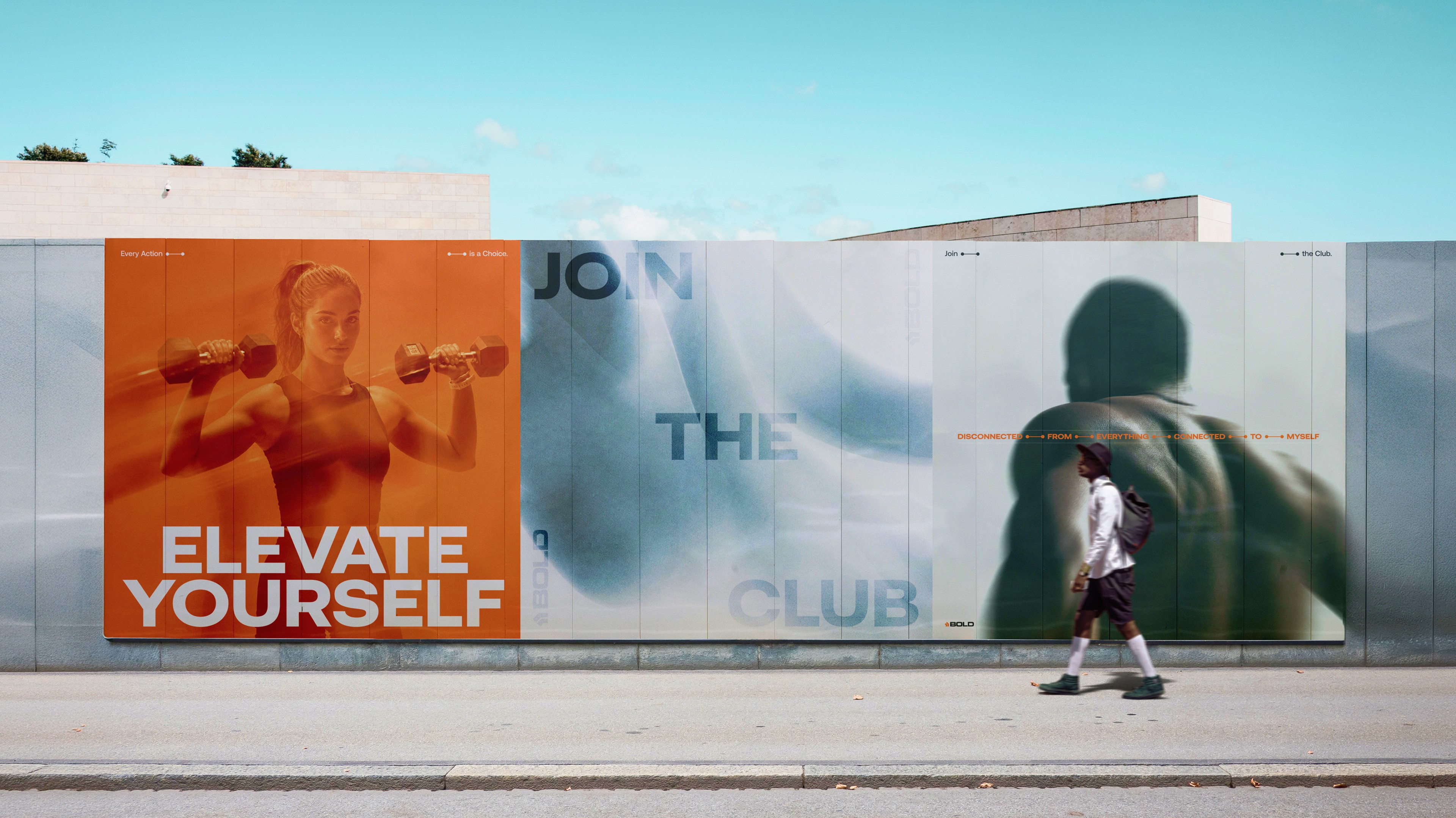 BOLD outdoor campaign: three billboards on a concrete wall. An orange poster of a woman raising two dumbbells reading Elevate Yourself, a pale poster reading Join the Club, and a blurred athlete's back with the line Disconnected from everything, connected to myself.