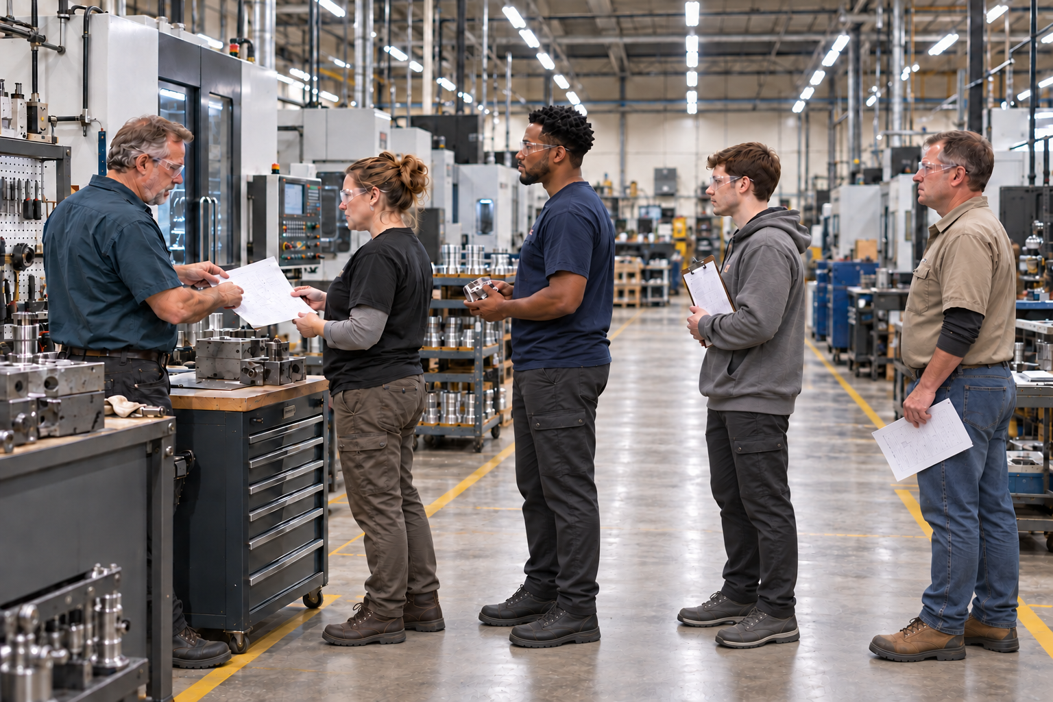 Factory workers waiting in line to talk to an expert