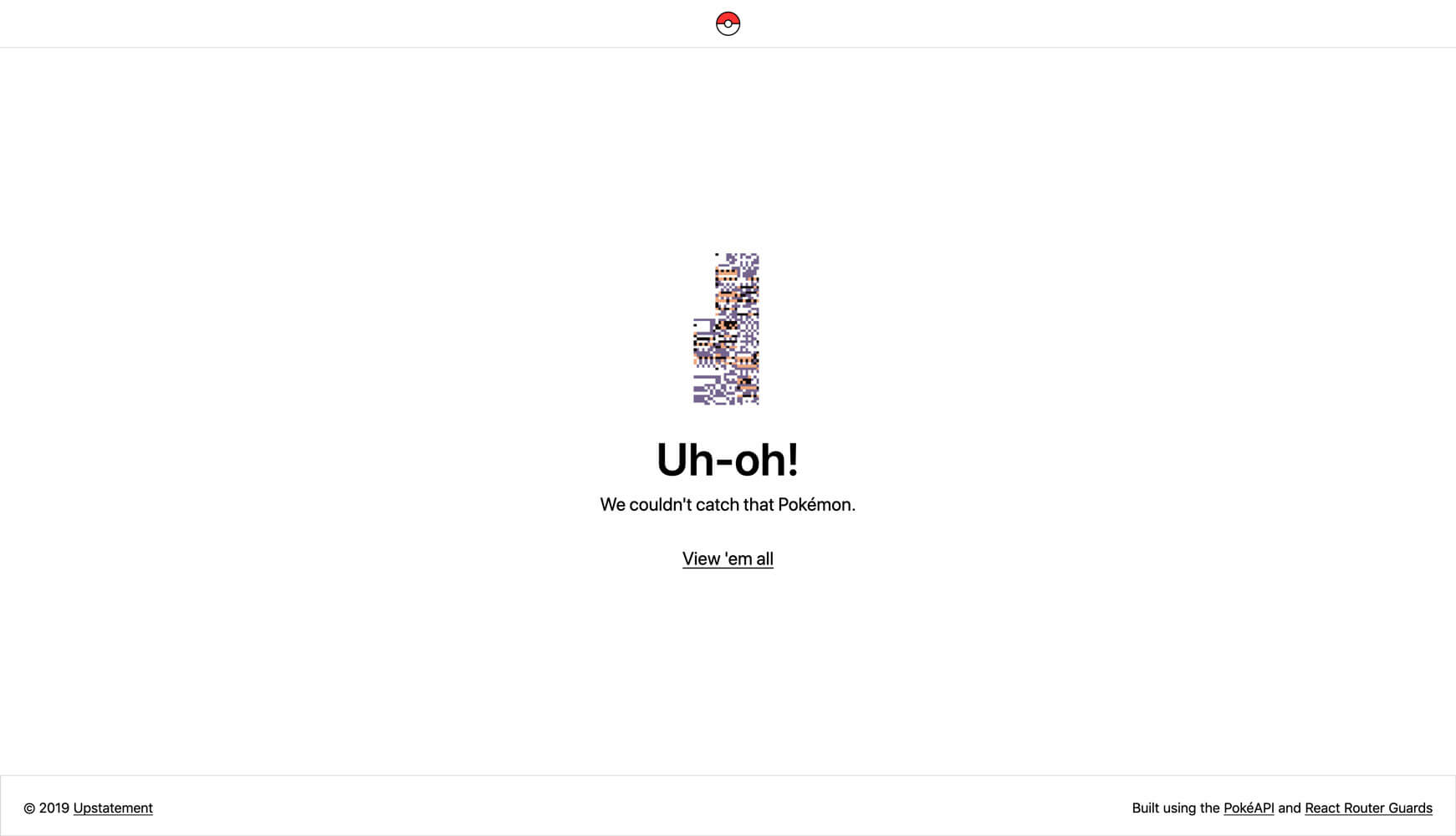 An image of the MissingNo Pokémon appears above text that reads "Uh-oh! We couldn't catch that Pokémon."