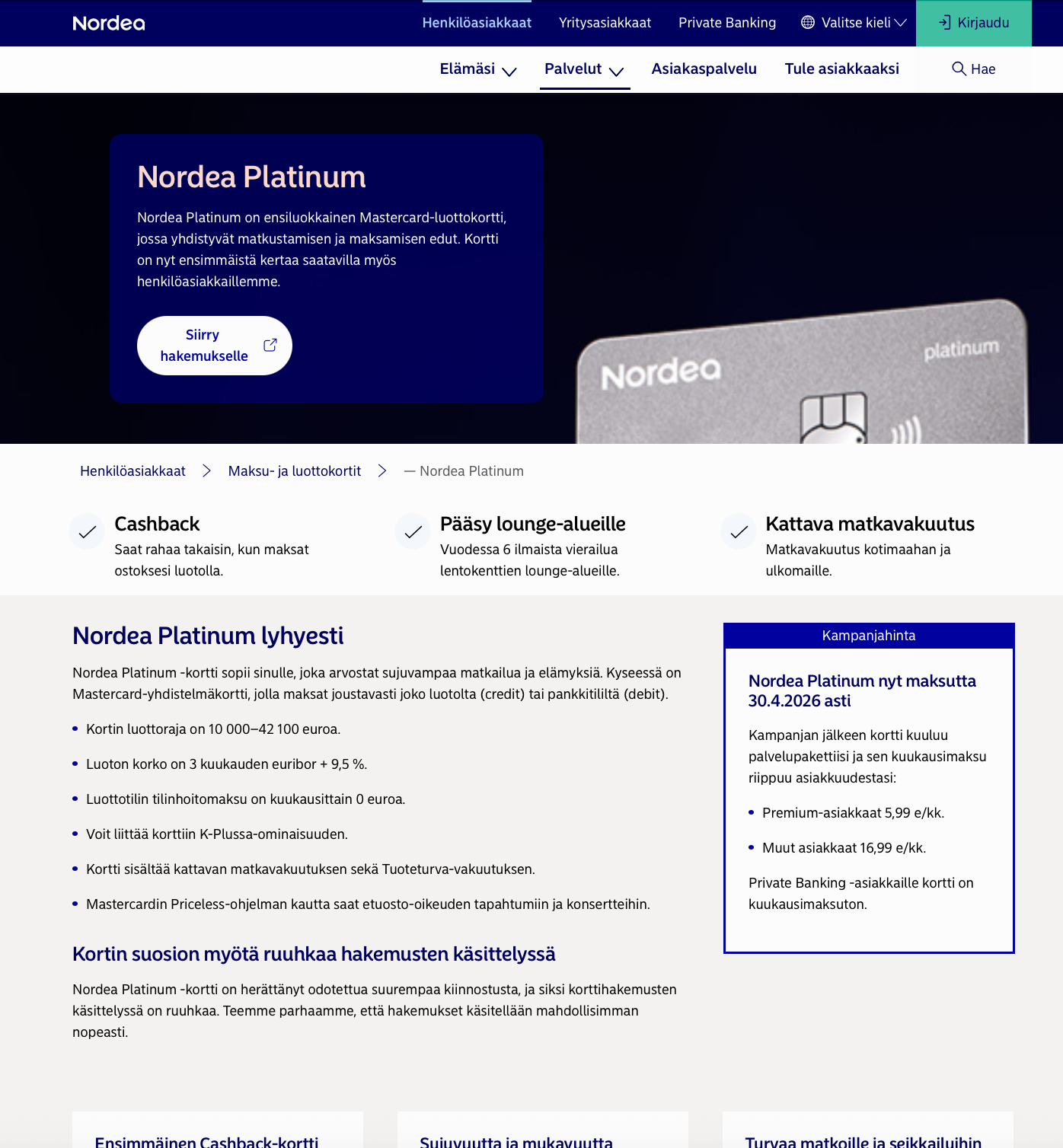 Nordea Platinum Mastercard screenshot