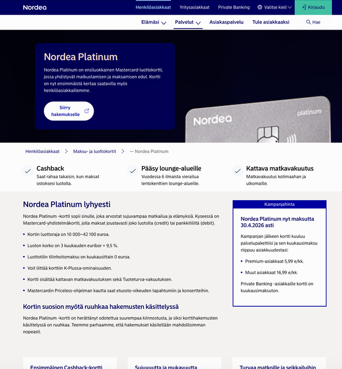 Nordea Platinum Mastercard screenshot