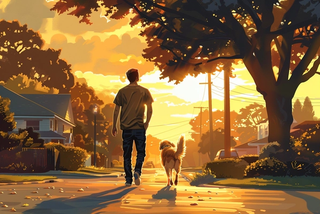 A man walking his golden retriever down a quiet residential street at golden hour, lost in thought
