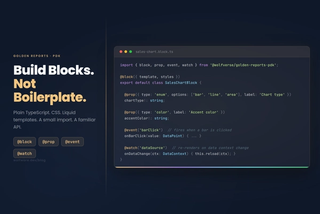 Golden Reports Blocks SDK — TypeScript decorators on dark navy background