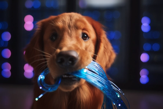 Golden Retriever Puppy Chewing Fiber Optic Cable
