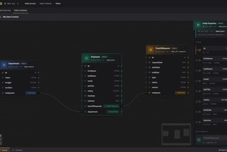 Stylized illustration of a node-based visual editor for database schemas, showing three table nodes connected by relationship wires with a properties panel on the right, inspired by Unreal Engine's Blueprint editor.