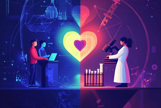 Illustration of software developers coding on one side and a medical researcher in a lab on the other, connected by a glowing heart symbol in the center, representing Wolfware’s support for open-source projects and scientific research.