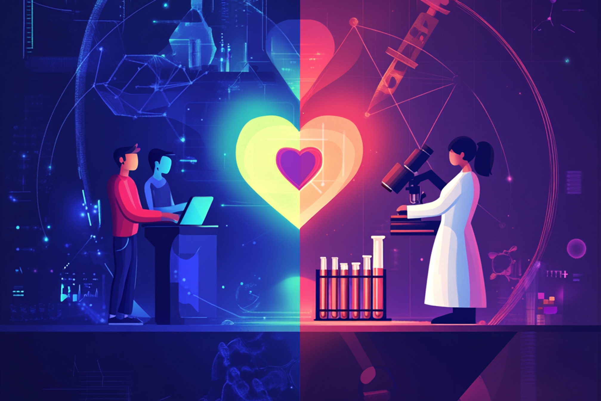 Illustration of software developers coding on one side and a medical researcher in a lab on the other, connected by a glowing heart symbol in the center, representing Wolfware’s support for open-source projects and scientific research.