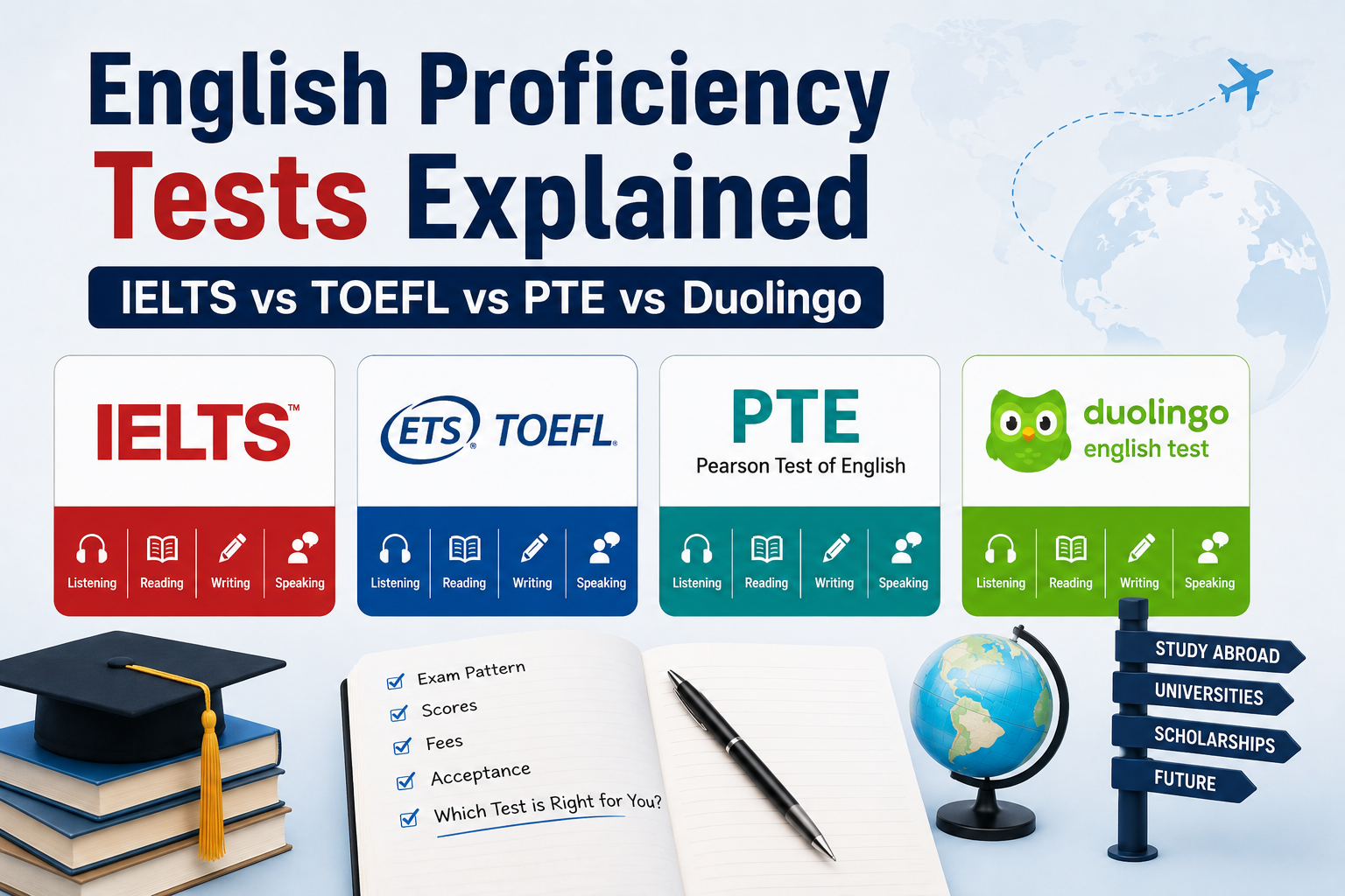 English Proficiency Tests Explained: IELTS vs TOEFL vs PTE vs Duolingo – Complete 2026 Guide