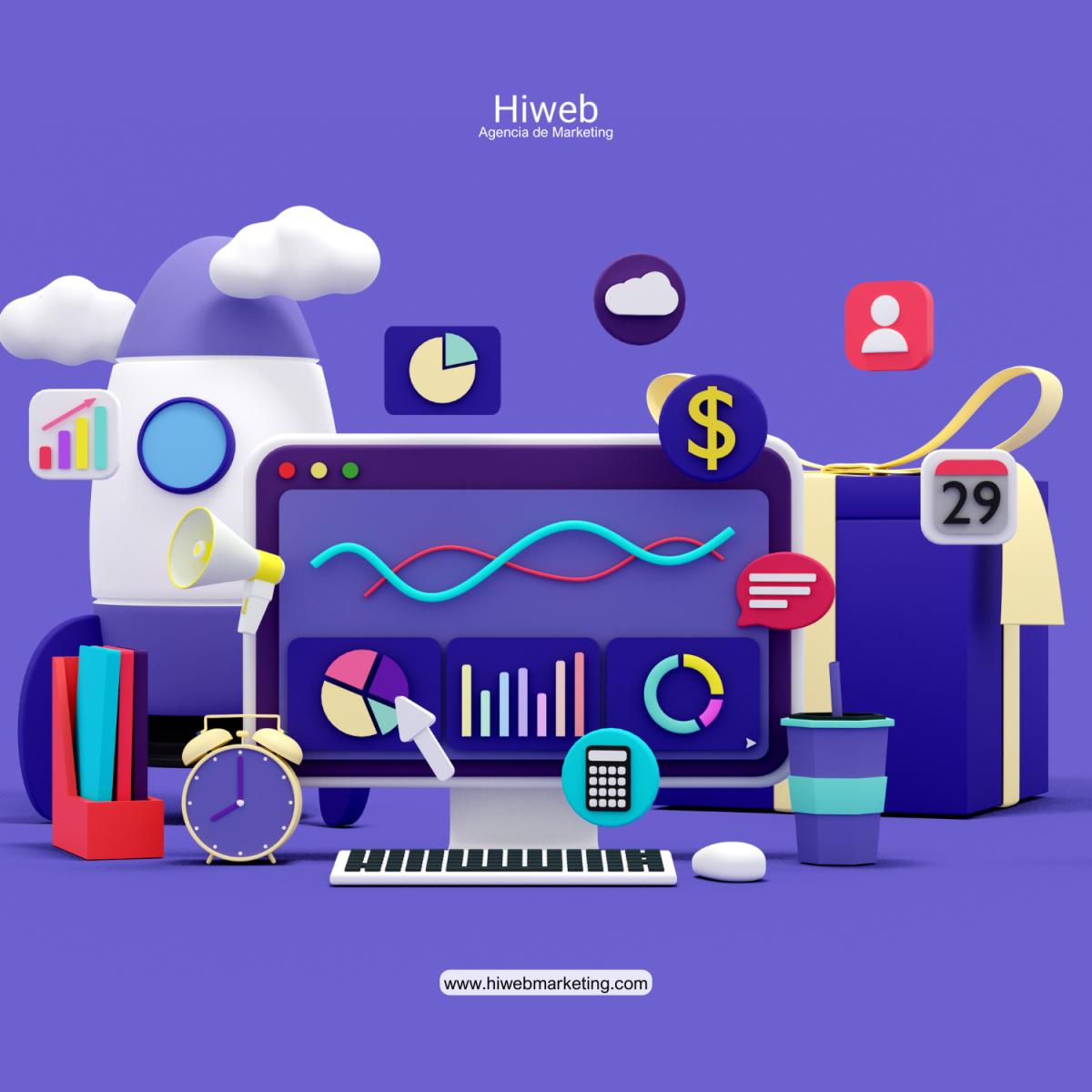 Ilustración 3D en fondo degradado morado mostrando elementos de marketing digital y analítica como gráficos, dashboards, iconos de crecimiento, calendario y símbolos financieros, representando métricas, rendimiento y estrategia de marketing digital. Hiweb Agencia de Marketing.