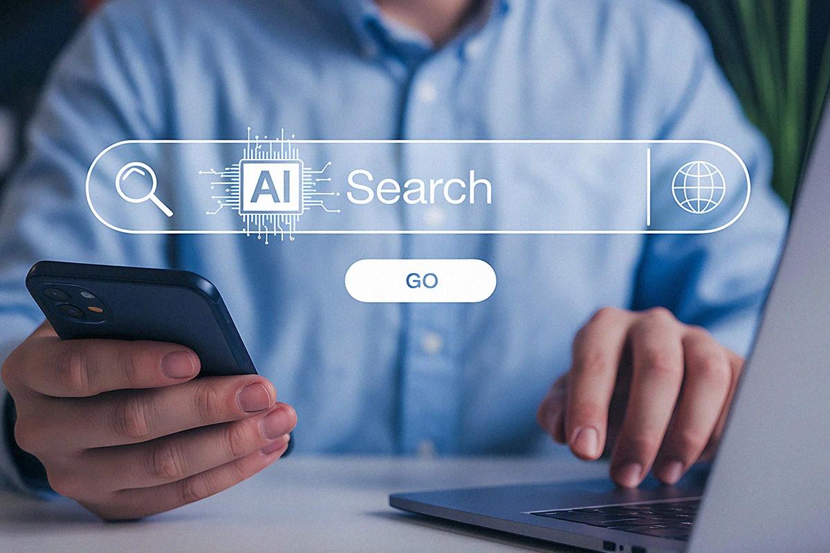 Búsqueda digital con inteligencia artificial representando nuevas formas de encontrar información y mejorar estrategias de posicionamiento Hiweb.