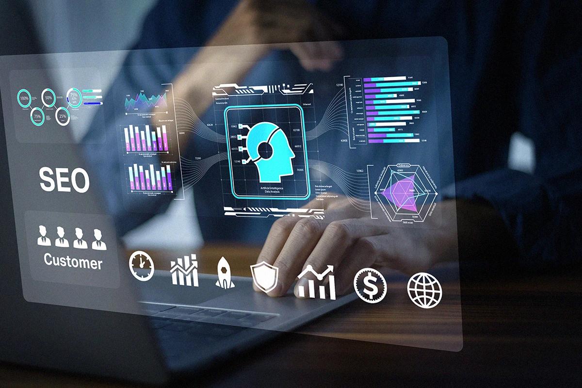 Herramientas de SEO e inteligencia artificial en una interfaz digital para análisis de datos y estrategias de posicionamiento web Hiweb.