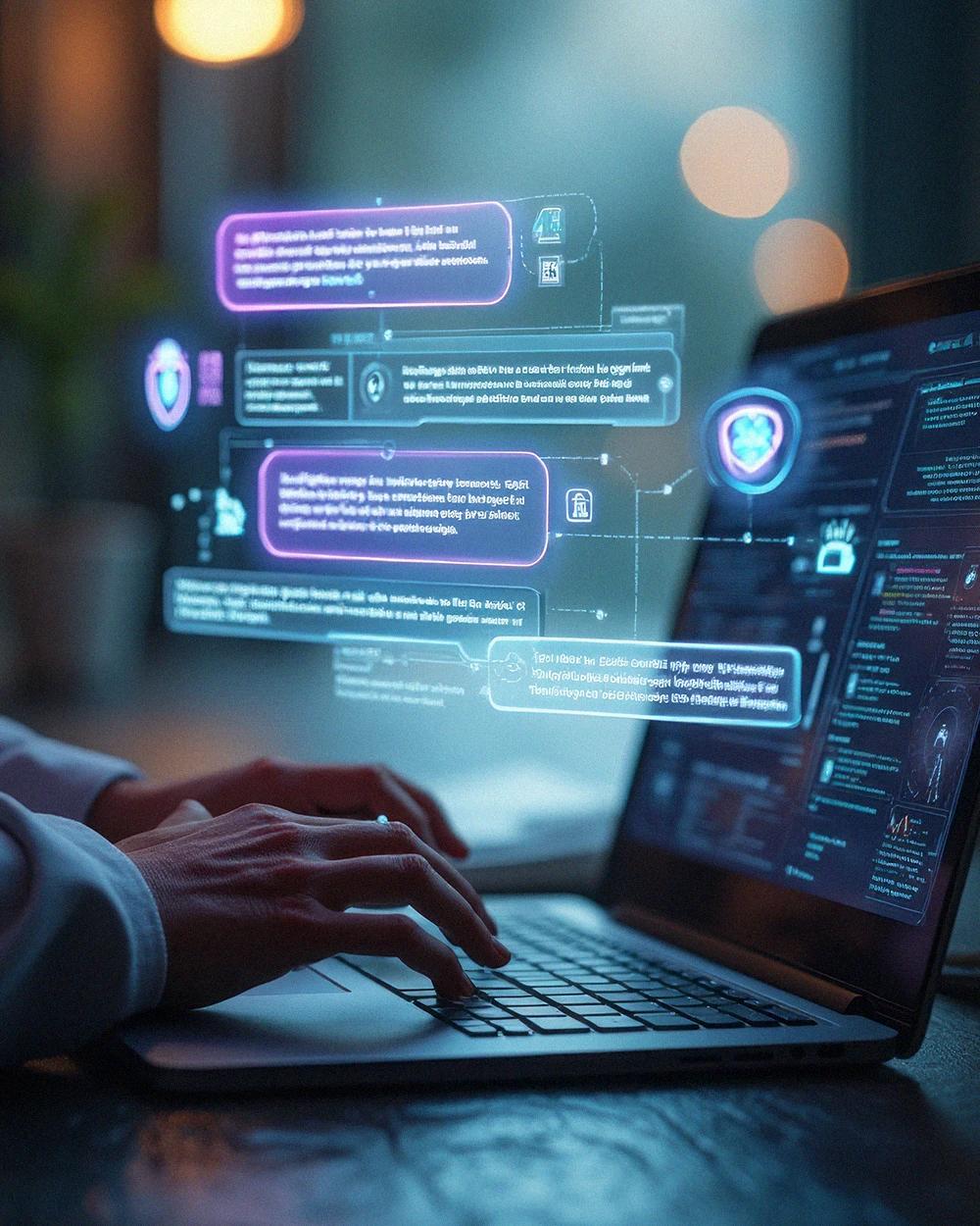 Persona utilizando una computadora con interfaces de inteligencia artificial y asistentes digitales para optimizar tareas online Hiweb.