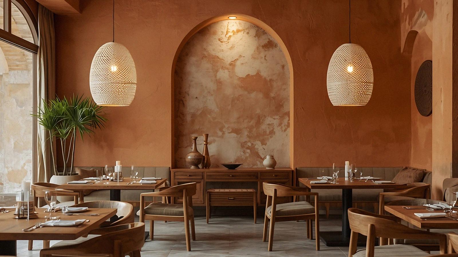 Modern restaurant interior with elegant design, prepared tables, and a dining atmosphere representing culinary experiences and restaurant marketing Hiweb.