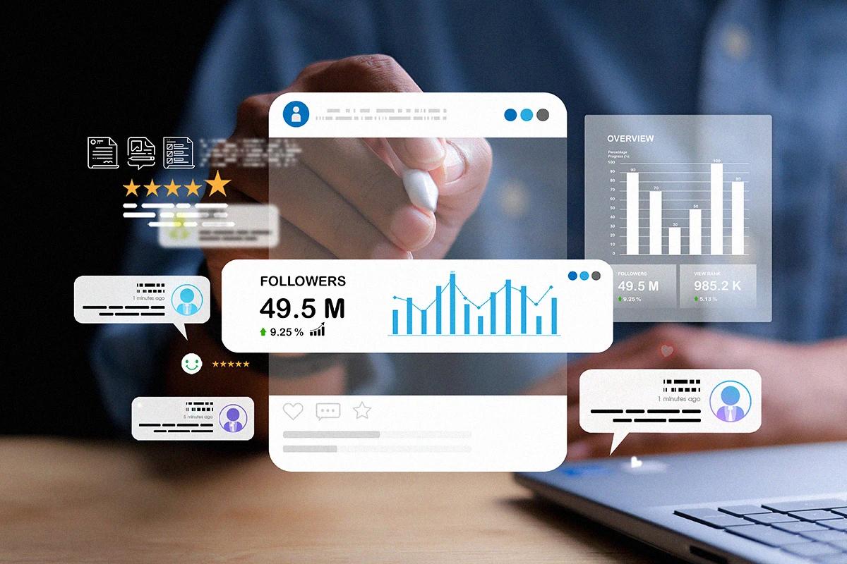 Person managing social media and analyzing follower, engagement, and performance metrics through digital analytics dashboards