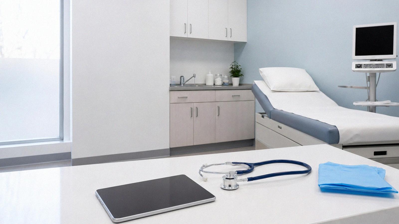 Consultorio médico moderno con equipo clínico, camilla de exploración y herramientas digitales para representar innovación, tecnología y atención en el sector salud Hiweb.