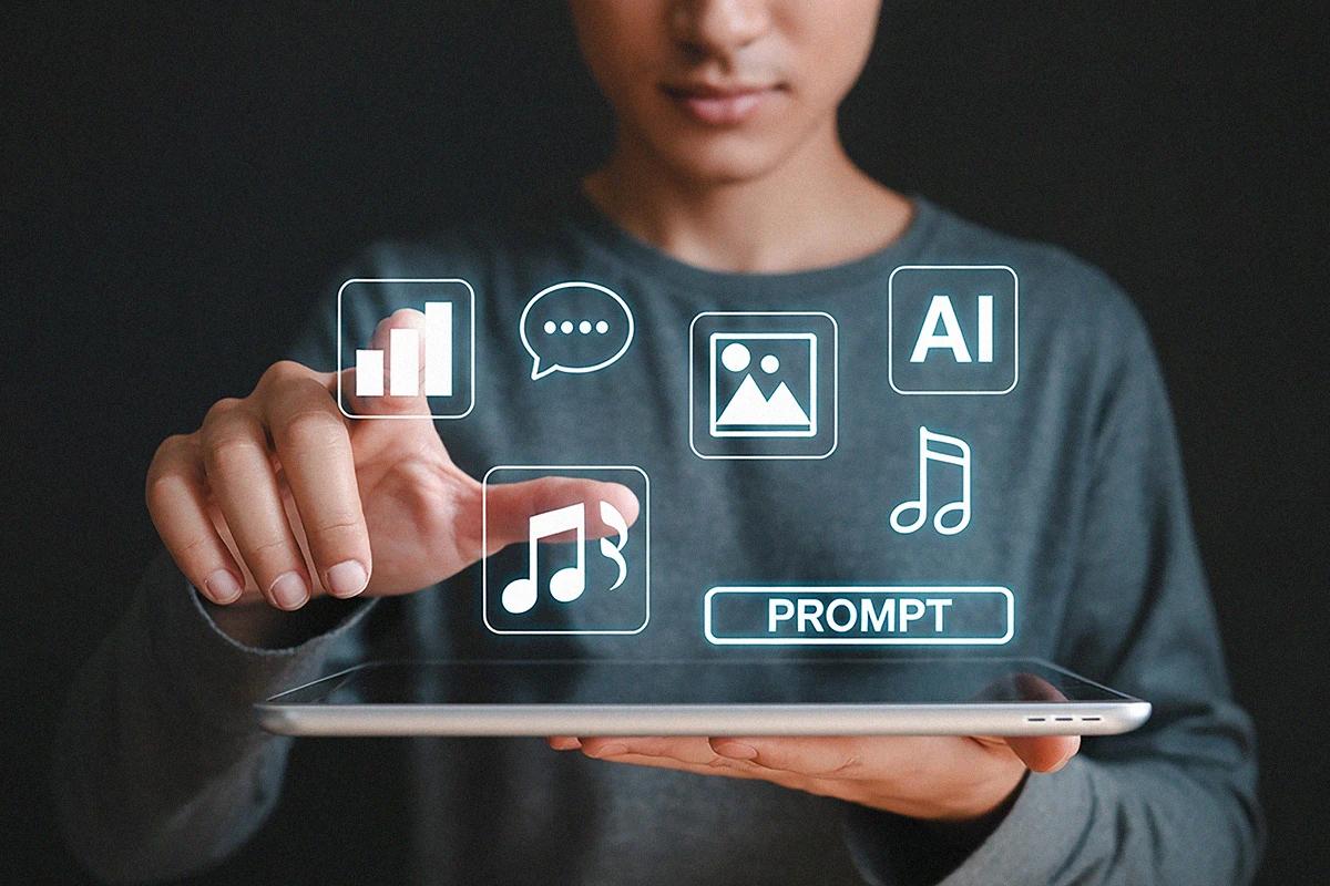 Persona interactuando con herramientas digitales e inteligencia artificial para crear contenido, analizar información y optimizar procesos tecnológicos Hiweb.