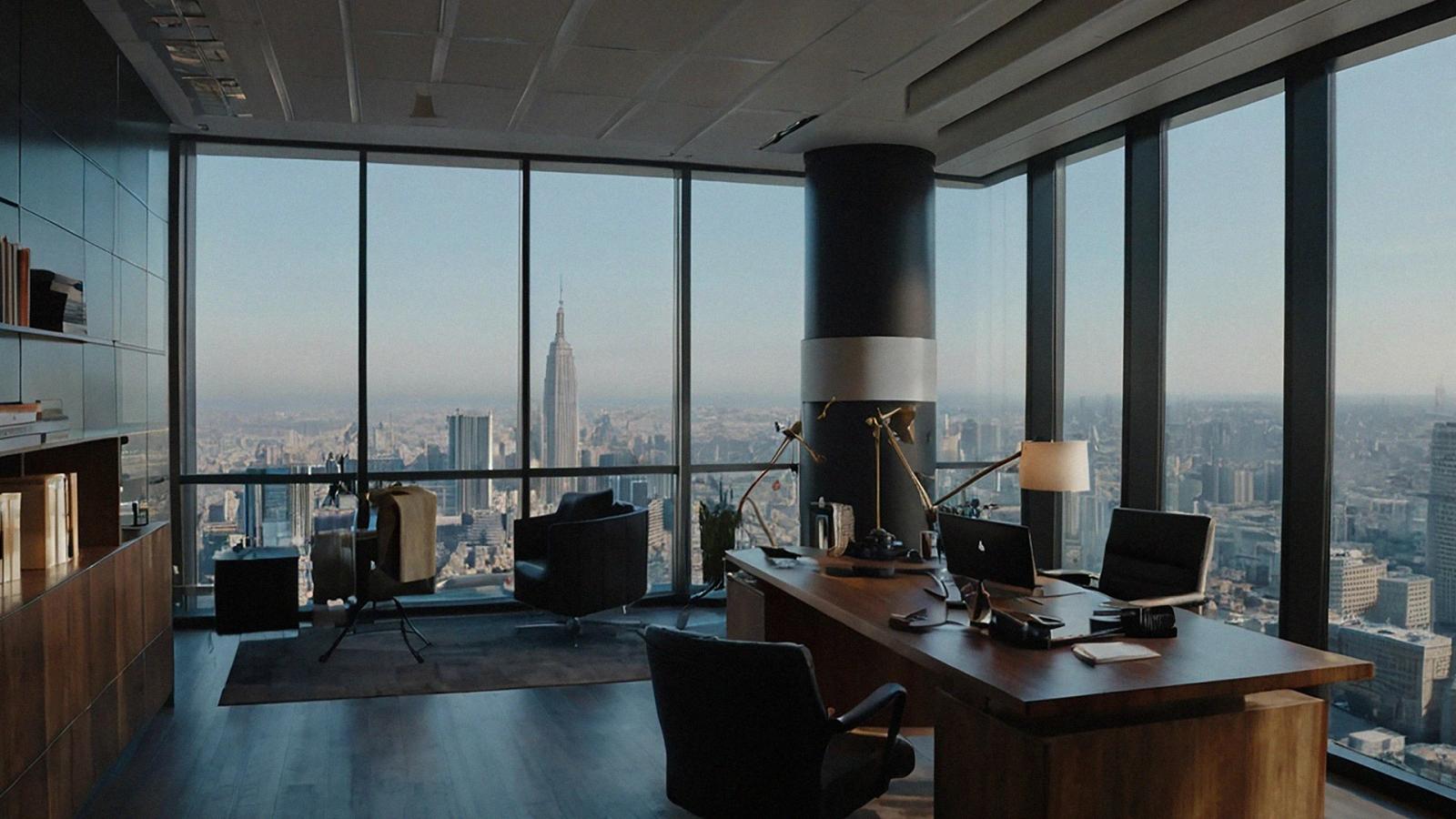 Oficina corporativa moderna con vista panorámica de la ciudad, representando servicios profesionales, liderazgo empresarial y espacios de trabajo estratégicos Hiweb.