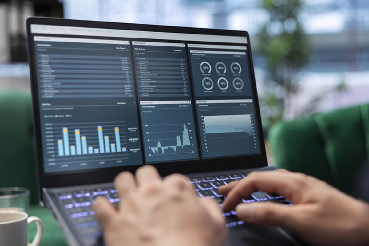 Person working on a laptop displaying analytics dashboards, charts, and performance metrics for data analysis and business decision-making. Hiweb