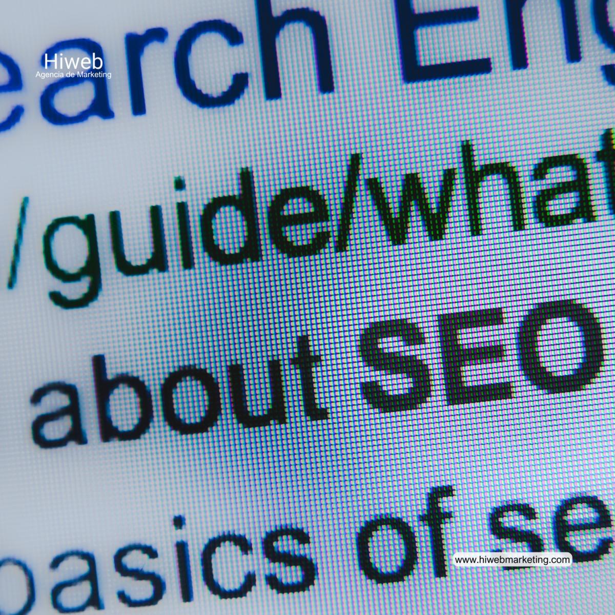 Vista ampliada de una pantalla mostrando texto de una página web relacionado con “SEO” y guías de búsqueda, con los píxeles visibles por el zoom extremo, representando contenido digital y optimización en motores de búsqueda. Hiweb Agencia de Marketing.