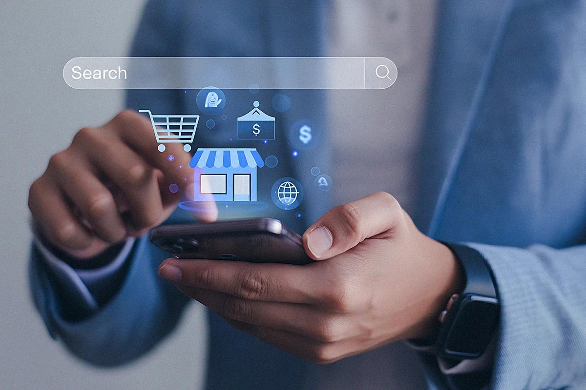 Person using a mobile device with digital online store elements, search, and electronic shopping features Hiweb.