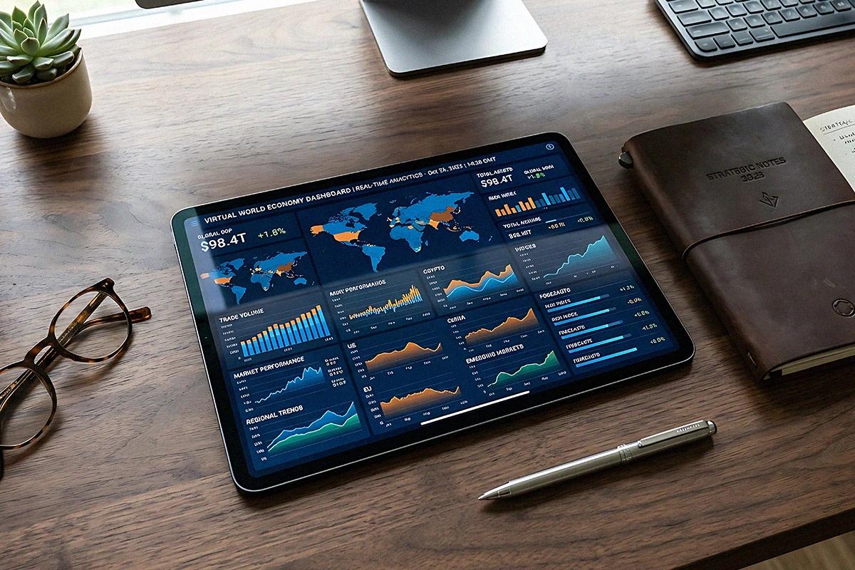 Digital tablet on an organized desk displaying Google Ads graphs and metrics
