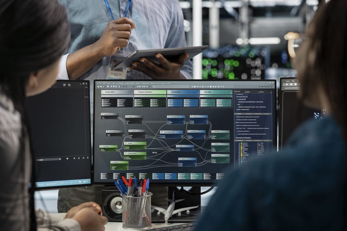 Team of professionals reviewing programming diagrams and workflows on computer screens to develop technology solutions and optimize digital processes. Hiweb