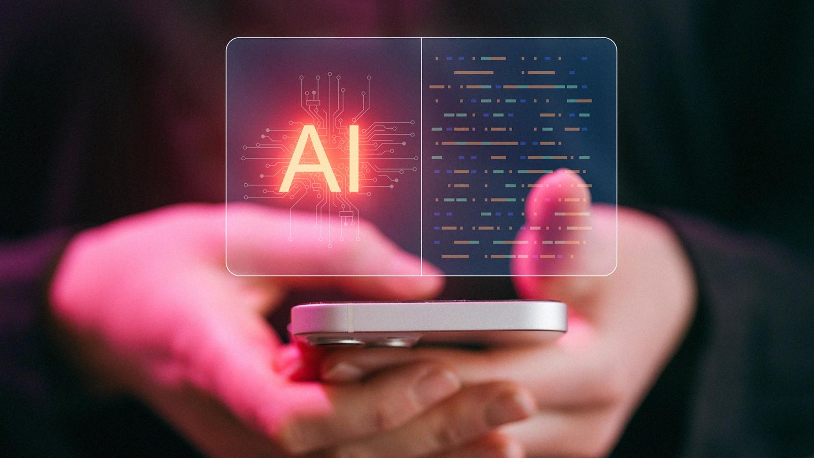 Mano utilizando un dispositivo móvil con código e interfaz de inteligencia artificial representando innovación tecnológica y automatización digital.