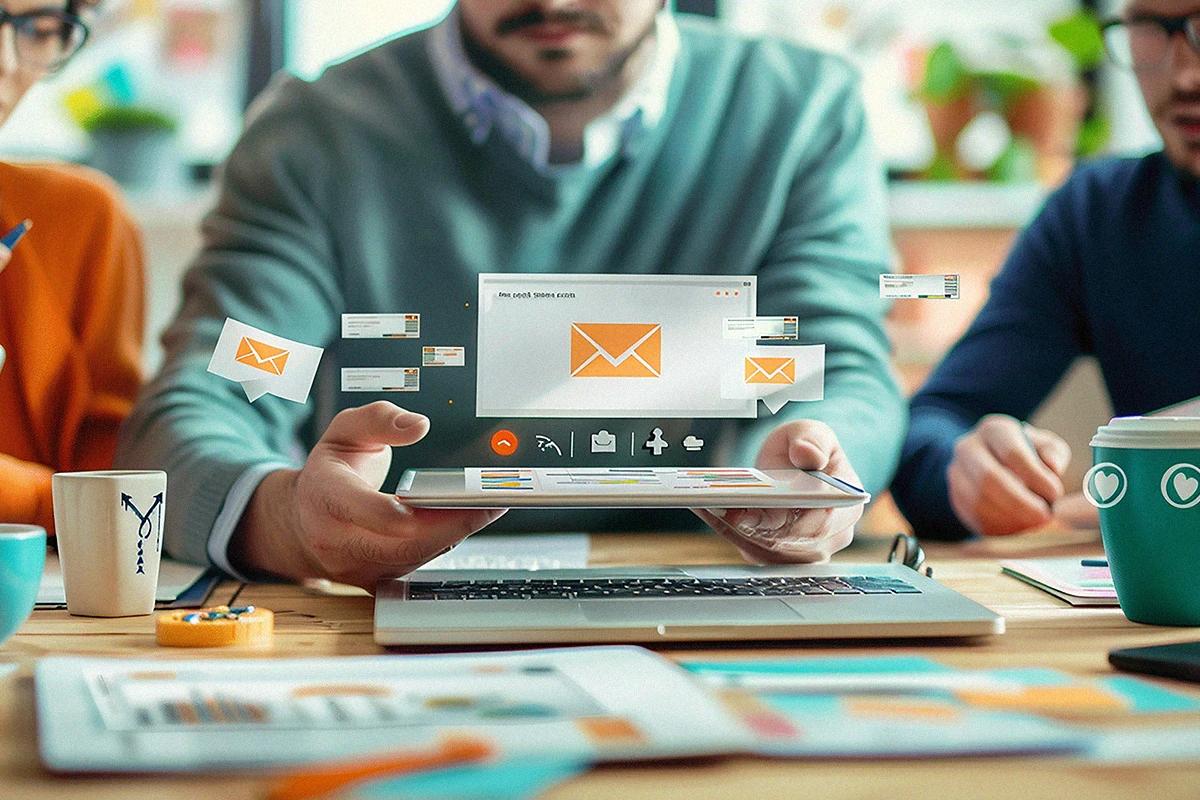 Equipo utilizando herramientas digitales y comunicación en línea para gestionar procesos de marketing y estrategias de conversión Hiweb.