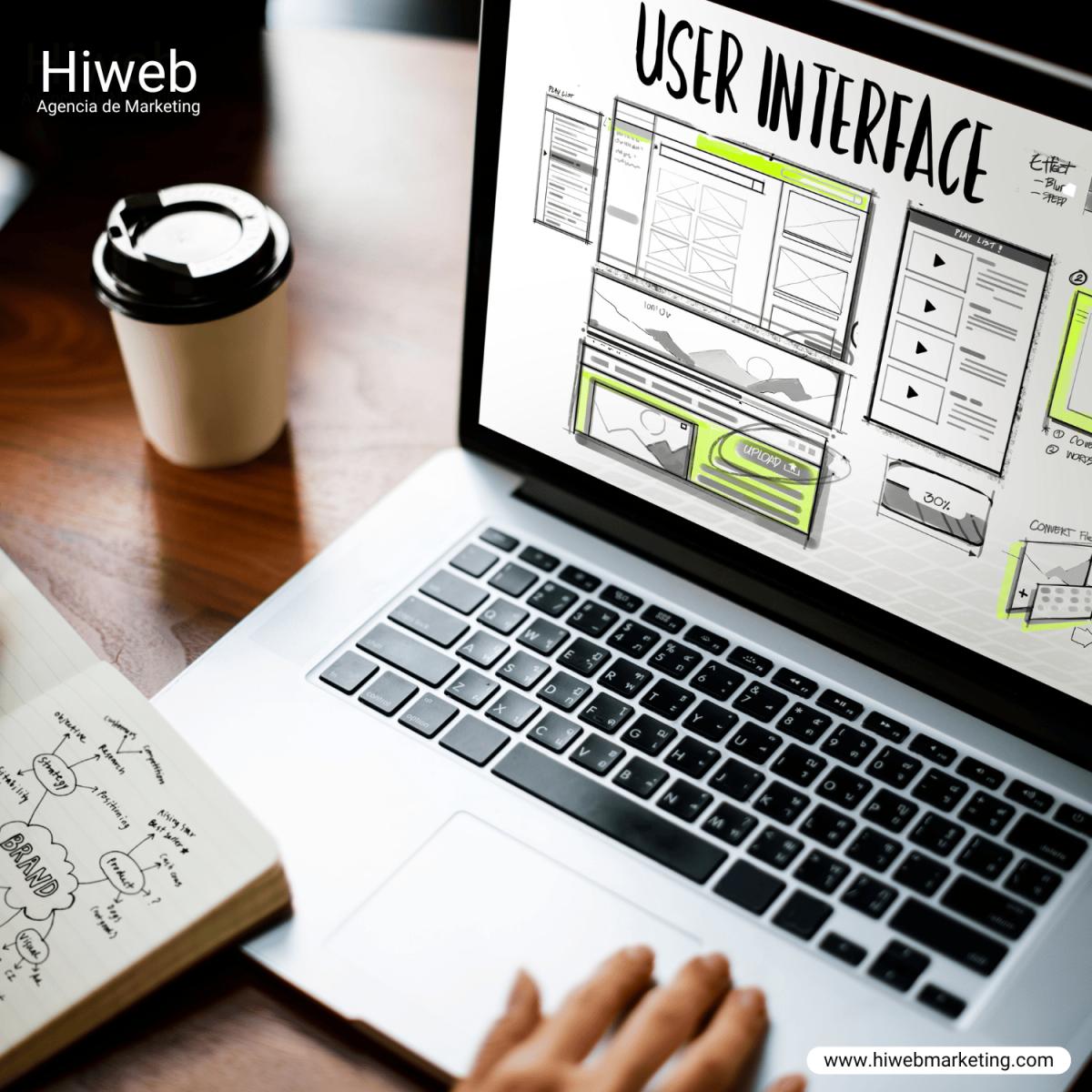 Laptop mostrando un diseño de interfaz de usuario tipo wireframe con el texto “USER INTERFACE” y prototipos de páginas web en pantalla, junto a una taza de café sobre escritorio, Hiweb