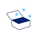Blue colored icon of a package with stars coming out of it