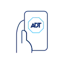 Blue colored icon of a hand holding a phone with the ADT+ app