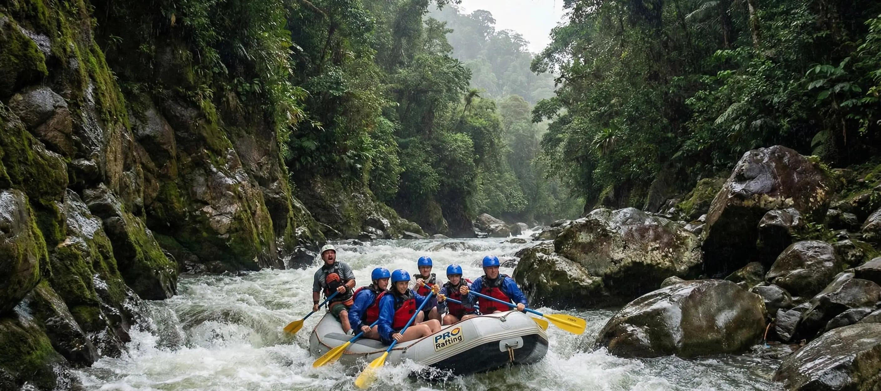 Guests rafting down a fast-moving Costa Rica river surrounded by lush rainforest.