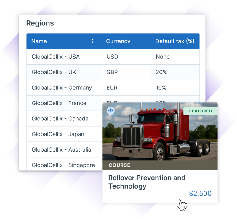 Image description showing a table listing regions with their corresponding currencies and default tax percentages, alongside a featured course advertisement titled 'Rollover Prevention and Technology' with a price of $2,500 and an image of a red truck.