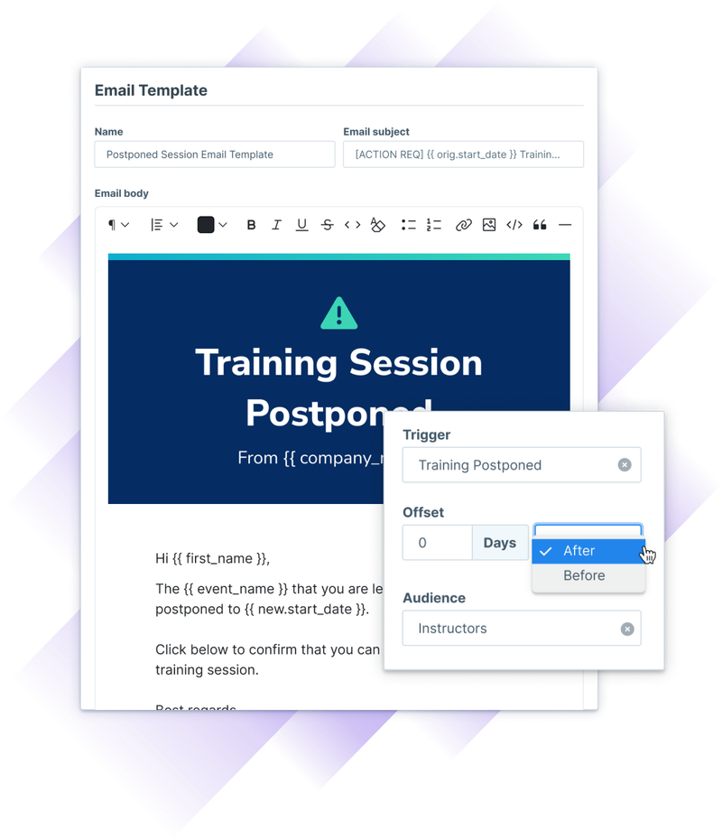 Email template editor in Administrate shown with the trigger settings for the automated email send on session postponement action.