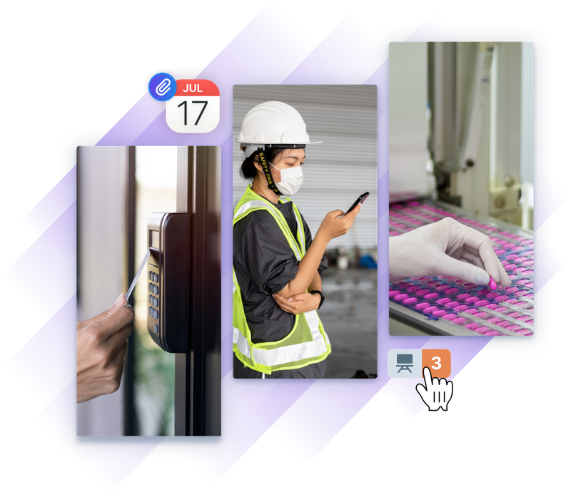 Images of workers in controlled environments highlight scheduling, facility access, and manufacturing precision, with digital training reminders overlaid.