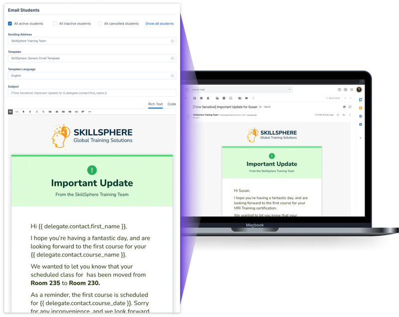 Personalized email sent with a side-by-side of its template.