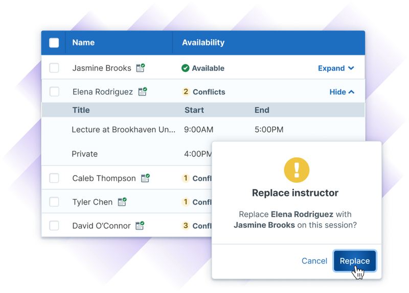 Administrate's instructor availability displaying a list of instructors and availability status for a particular training session, along with a prompt to replace one instructor with another.