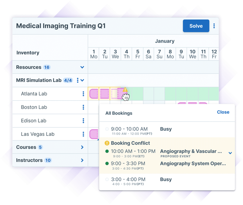 Illustration of a Medical Imaging Training Q1 schedule in Administrate's Scheduler, showing resource and room assignments for MRI Simulation Labs in January. The schedule lists four labs: Atlanta, Boston, Edison, and Las Vegas, with a conflict warning in Boston Lab on January 5th. A hand cursor is dragging an assignment within the schedule and the interface is showing where there are already conflicts. At the same time, calendar information is overlaid with an image of the instructor who has the conflict and his calendar showing that he is out of office on the original day, but free on the second day.